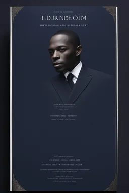 An extremely formal, funeral program for a black man on darkest blue deeply pigmented velvet paper with brilliant, brightest heavy white fonts, simple, minimalistic, less element, very dramatic lighting, detailed, white printers elements,