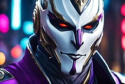 Jhin in 8k live action artstyle, white mask, wapen, close picture, neon lights, intricate details, highly detailed, high details, detailed portrait, masterpiece,ultra detailed, ultra quality