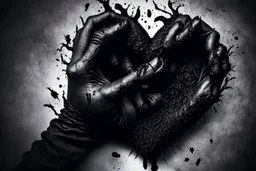 A black hand made out of black smoke violently crushing a human heart