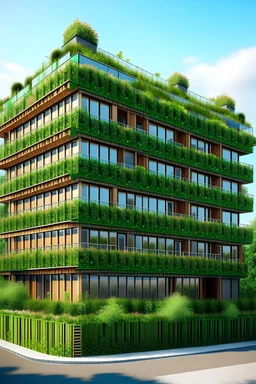 п'ятиповерхова житлова будівля для проживання великої кількості людей з зеленим дахом, деревами та гарним оздобленим фасадом