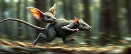 rat gremlin elf halfling pixie fast runner, airbrush and pen outline, realistic 3d rendering with high contrast motion blur forest background