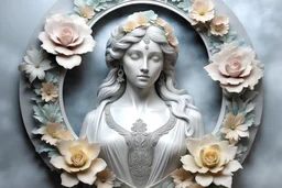 3d wall-statue A silver-haired statuesque woman with pastel flowers blooming around her head like a halo. She to be carved from a block of veined marble, showcasing an intricate and flawless design. Her enchanting delicate flowers, plants decorations surrounding her make this piece a perfect representation of artistry , mystic fantasy and elegance, hyperdetailed, masterpiece