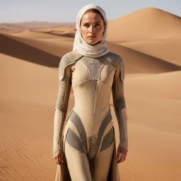 She stands amidst the arid desert, a young Bene Gesserit adorned in a remarkable Fremen stillsuit, a testament to her adaptability and survival instincts. The suit, intricately woven with a network of tubes, serves as her lifeline in this parched land. The stillsuit's muted colors blend seamlessly with the desert landscape, allowing her to move unnoticed, a ghost in the sand. Its design, passed down through generations of Fremen, is a testament to their ingenuity and resourcefulness.