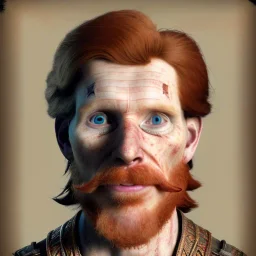 Portrait of Courtney Gains as a ruggedly handsome but joyful roguish pirate, charismatic, attractive male, masculine, perfect, precisely detailed, lightly freckled face, meticulously detailed multi-hued ginger carrot colored cherry fire red hair; Malachai of the corn; fantasy, intricate, elegant, highly detailed, digital painting, artstation, concept art, matte, sharp focus, illustration, art by artgerm and greg rutkowski and alphonse mucha