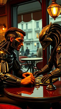 Arnold of the movie the terminator playing chess with the alien predator in a cafe in Paris