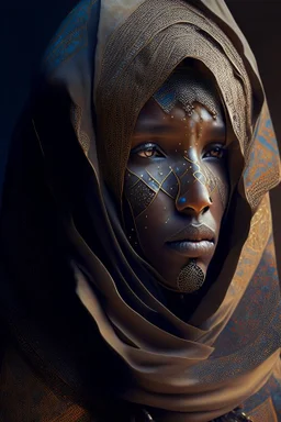 portrait of a tuareg woman, fractal, intricate, elegant, highly detailed, digital photography, subsurface scattering, cinematic lighting, by jheronimus bosch and james jean and greg rutkowski