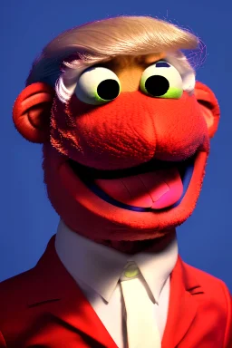 Waist up muppet Portrait, Donald trump as muppet doll, red suit, photo studio, blue background, unreal engine 5, concept art, art station, god lights, ray tracing, RTX, lumen lighting, ultra detail, volumetric lighting, 3d.