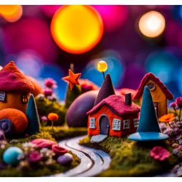 Detailed close-up street made of modeling clay and felt, village, stars, galaxy and planets, fairy, sun, volumetric light, Max Ernst, flowers, naïve, Tim Burton, strong texture, extreme detail, Yves Tanguy, decal, rich moody colors, sparkles, Harry Potter, bokeh, odd