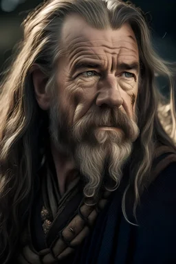 portrait of a handsome 60 year old viking with long hair, earthbound but directed towards the future