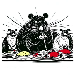 Vector illustration of a (((large rat sitting))) at a banquet table, eating a (((large cheese))), sitting at the same table, (((other rats watching the large rat eat))). White, red and black colors