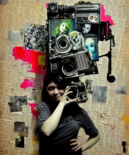 happy beautiful girl holding big proffesional camera in studio. street art, oil on canvas, spray paint, collage, letters, newspapeers, Dave McKean, Vladimir Fedotko, Saturno Butto, Vaughn Bodé, Frank Wu, James C. Christensen, collage, dirty, paint dripping, radiant