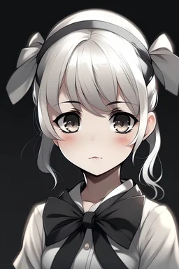 A cute anime sad girl with white hair and a black bow on her head