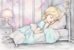 a cute little girl with blonde hair sleeping in an elegant bedroom, tiffany painted lamp lit in the background, S<AI in moonshine. Pastel melting watercolour and black ink outlines on wet paper, shading colors, light strokes. cracked holographic marble background, the cracks are golden