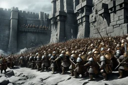 (photo of a movie by Ray Harryhausen) The image is a gritty, photorealistic scene of massive Dwarven defense walls under siege. A legion of stoic Dwarves, clad in heavy, articulated iron and gold armor, stand firmly atop the battlements, armed with intricate, glowing dwarven axes and powerful crossbows, actively firing and dropping heavy stones down upon attackers below. Their faces show fierce determination and concentration. (Environment & Setting) The fortress wall itself is colossal, carved