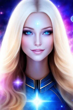 cosmic woman smile, admiral from the future, galactic confédération, fine whole face, crystalline skin, expressive blue eyes,rainbow, smiling lips, very nice smile, costume pleiadian, Beautiful tall woman pleiadian Galactic commander, ship, perfect datailed golden galactic suit, high rank, long blond hair, hand whit five perfect detailed finger, amazing big blue eyes, smilling mouth, high drfinition lips, cosmic happiness, bright colors, blue, pink, gold, jewels, realist, high,rainbows