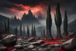 mountains, a gloomy rocky landscape, cypresses stretching up in the foreground, rocks and a bloody sky in the background