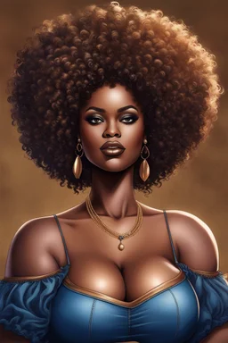 create a urban art illustration of a plus size dark skinned black female wearing Tight blue jeans and a hazel brown off the shoulder blouse. Prominent make up with long lashes and hazel eyes. She is wearing brown feather earrings. Highly detailed full black tight curl afro