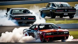 Black BMW and Dodge Charger SRT drifting in the white smoke, rear view, cinematic, luxurious --chaos 80 --ar 16:9 --style raw --stylize 700