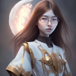 Korean gamer girl , long Brown hair, White headfone, hands on the Chen, round glasses ,elemental face, Unreal Engine 5, highly detailed, highest quality, digital painting, complex 3d render, unreal engine render, insane detail, intricate photograph quality, magnificent, majestic, highly intricate, Realistic photography, grand hall, wicked throne, holding scepter, crown of barbwire, dark color palette, metallic, highly detailed, highest quality, digital painting