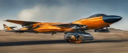 A national geographic award winning photograph of a military fighter jet station wagon wasp hybrid designed by volkswagen only one vehicle per image painted metallic orange traveling at a high rate of speed, jet intake off of front center of vehicle and jet exhaust out the rear with bright blue flame