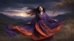 Hyper Realistic Close-up-view of a Beautiful Young Happy Pashto Girl with long-black-hair wearing purple-&-orange-embroidery-dress-with-black-shawl whirling with breeze, tall-grass along with a thick-tree on mountain top & cloudy-moonlight at night showing dramatic & cinematic ambiance