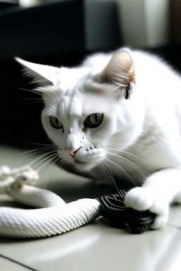 Picture of a white cat playing with solid snake.