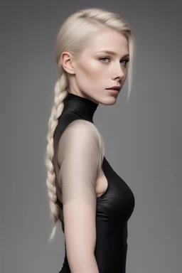 A slightly pale skinned woman in a skin tight black body suit with blond hair that fades to silver at the tip. the hair should be in a tight braid resting over her shoulder. the woman should be facing directly forward