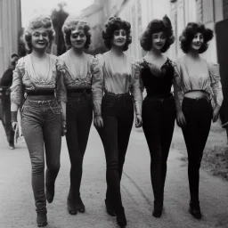 Four Ziegfeld Girls on jeans walking