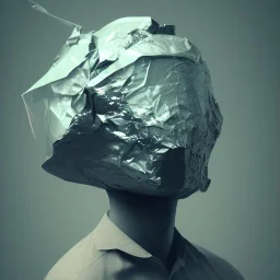 rendered in blender trash bag on his head and crumpled paper as a texture, collage paper and tape, slit - scan photography, high resolution, cinematic, unreal 6, breathtaking detailed