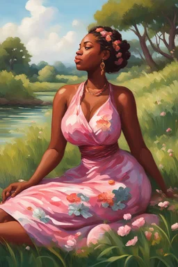 An expressive oil painting art illustration of a curvy black cartoon woman sitting relaxed on a sunny riverbank, lush green grass surrounding her. Facing left in profile, she has flowing chestnut hair styled in an elaborate braided twist. complementing the pink floral maxi dress wrapped snugly around her exaggerated curves. One hand touches her cheek lightly as she looks to the distance, brown eyes enhanced by long lashes and purple eyeshadow. Bold brown lips match the brown flowers on her dress