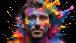 portrait of a man, Colorful paint explosion 3-D, 4K, HDR, resolution, black background