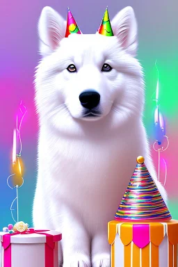 Cute, fluffy, happy looking white Samoyed dog, with a small and cute Corgi sitting next to it, colorful, summer time, birthday, festive atmosphere, detailed, congratulating