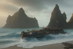 Small shipwreck at beachside overlooked by a craggy cliffside, fantasy, mystical, lightshafts