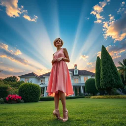 create full body lady ,short hair pretty dress standing pose pretty high heels ,midy dress,standing in front of a beautifull villa garden sun set sky with pretty clouds and godrays