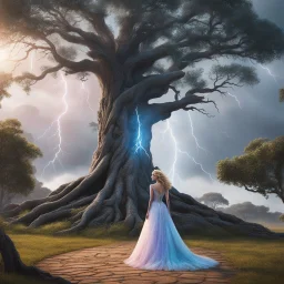 A massive tree stands in the middle, split in two by a crackling lightning bolt. On the left side, a model in haute couture dress. On the right side, an extraordinary unicorn waiting for her.