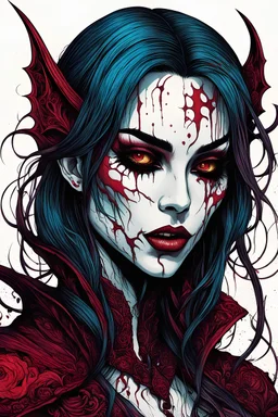 highly detailed, color woodcut concept illustration of a female Malkavian vampire seeress character , maximalist, sharp focus, highest resolution, in the styles of Alex Pardee, Wayne Reynolds, Denis Forkas , and Masahiro Ito, boldly inked, 8k, coarse, gritty textures