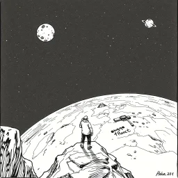 a alone man. pen and ink, birds eye view, illustrated by hergé, Background space and earth