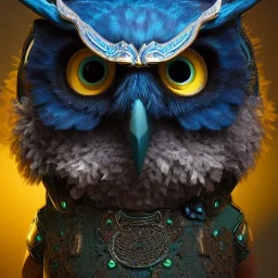 Anthropomorphic blue owl, big green eyes, lots of details, portrait, finely detailed armor, cinematic lighting, intricate filigree metal design, 8k, unreal engine, octane render, realistic, redshift render