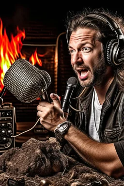 Man firestarter with a microphone in hand, hard rock man and metal radio host sleeping in the background