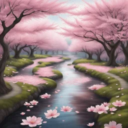 A serene cherry blossom park in full bloom with petals gently falling into a meandering stream.