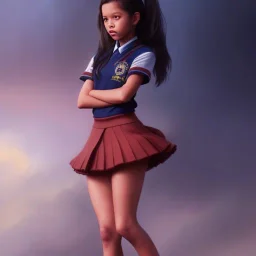 Jenna ortega with school uniform, seifuku, pleated miniskirt, overknee socks, adriana lima, painted by artgerm and tom bagshaw, fantasy art, dramatic lighting, highly detailed oil painting, volumetric lighting