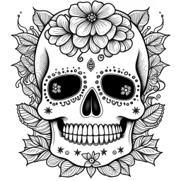 sugar skull, "Floral Sugar Fiesta", full view, realistic face, coloring page, only draw lines, coloring book, clean line art, –no sketch, color, –ar 3:4, white background, minimalistic black lines, minimal black color, low level black colors, coloring page, avoid thick black colors, thin black line art, avoid colors, perfect shape, perfect clear lines,