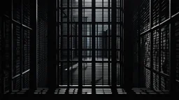 close up parallel prison window bars in foreground, dark prison cell behind them, hidden dark human face partially visible through the window bars, pale light, shadows in background, ultra realistic, dark atmosphere, high contrast shadows, dark vibe