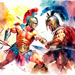 Achilles fighting Hector in the Trojan War, watercolor, ultra quality, hyper detailed, maximalist artwork, 8k