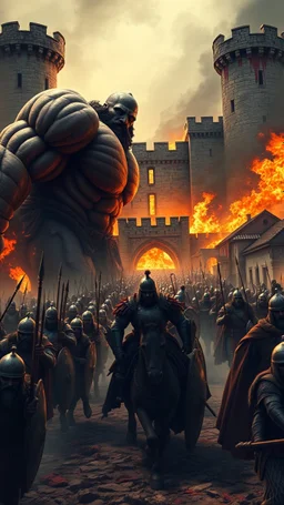 Huge muscles giant leading a an old army toward a big castle how is set on fire in a bloody war at scene