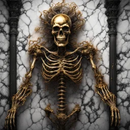 giant skeleton monster made of marble and gold, covered in black fluid ink, crush a wall, professional Photography, Fantasy Background, Intricate Patterns, Ultra Detailed, Luminous, Radiance, beautiful, high contrast, vibrant colors, Ultra Realism, Complex Details, Intricate Details, 16k, HDR, High Quality, Trending On Artstation, Sharp Focus, Studio Photo,