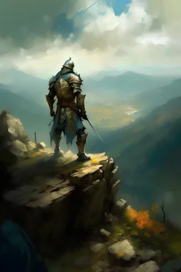 A BACK OF Medieval knight on top of a mountain looking down on a TOP OF kingdom , , Impressionism,