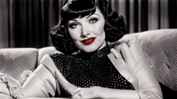 Claudette Colbert, dressed in stockings and stilettos, with a black bob hairstyle with bangs and dark sultry eyes and red lips, lying on a couch, smiling.