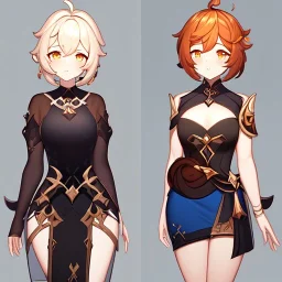 portrait of genshin from genshin ((genshin)) ((genshin ingame outfit)) wearing a short skirt, black short hair, orange eyes