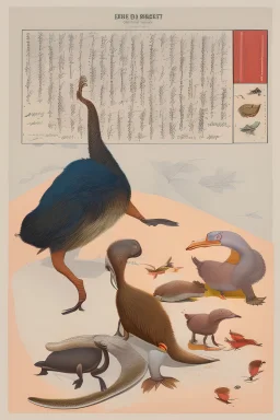 John James Audubon-like illustration of a fully uncropped Dodo bird and a Platypus in a landscape of warm yellows, warm reds, and warm blues